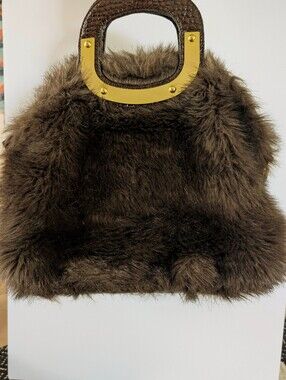 Faux Fur Brown Handbag Gold Hardware Top Handle Teddy Plush Satchel Winter Bag